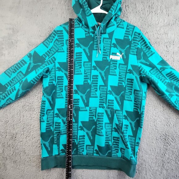 Puma Hoodie Men's Large Blue Allover Graphic Logo Pullover Fleece Sweatshirt - Picture 5 of 10
